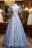 Blue Tulle Puff Sleeve Sequins Beading Prom Dress