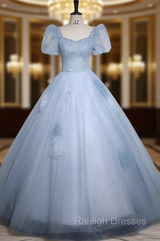 Blue Tulle Puff Sleeve Sequins Beading Quinceanera Dress