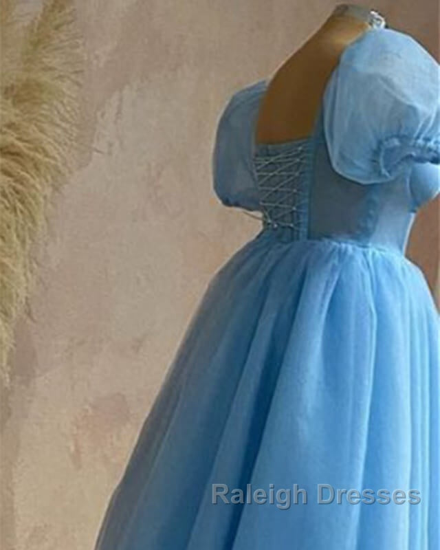 Blue Tulle Puffy Sleeve Midi Dresses