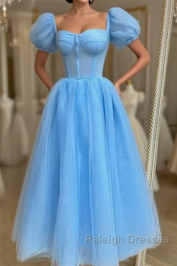 Blue Tulle Puffy Sleeve Midi Dress Main image