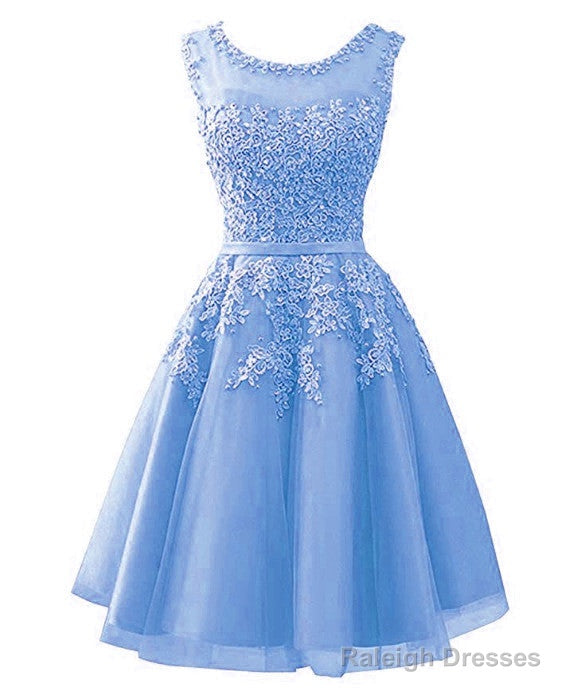 Blue Tulle Round Neckline Beaded Short Homecoming Dresses Lace Applique Cute Prom Dresses