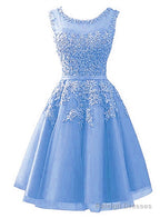 Blue Tulle Round Neckline Beaded Short Homecoming Dress, Lace Applique Cute Prom Dress
