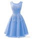 Blue Tulle Round Neckline Beaded Short Homecoming Dress