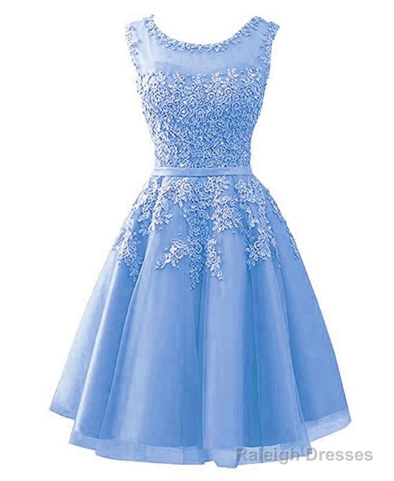 Blue Tulle Round Neckline Beaded Short Homecoming Dresses