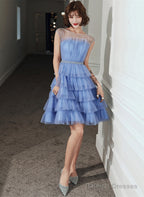 Blue Tulle Round Neckline Short Prom Dresses Blue Tulle Homecoming Dresses