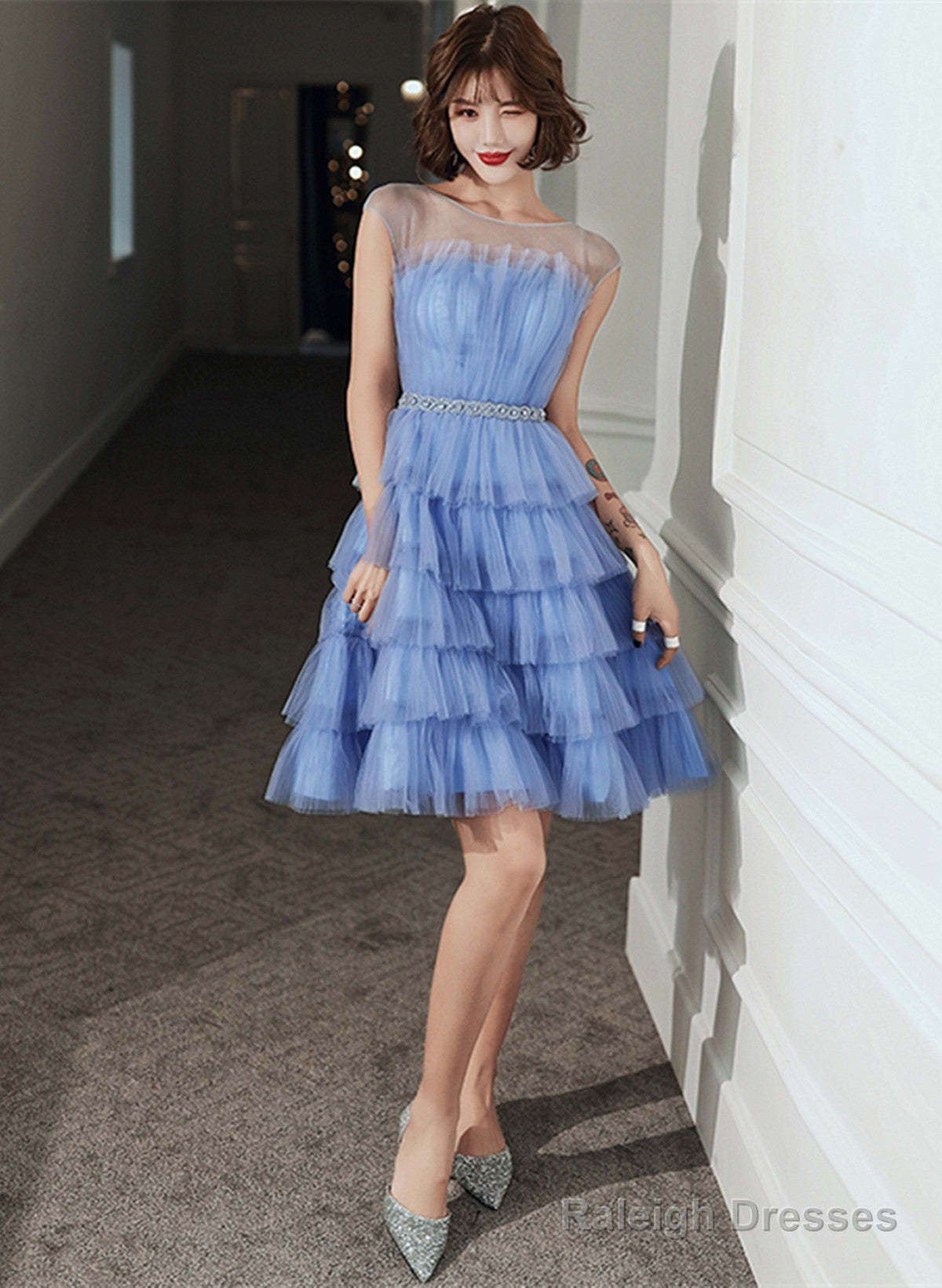 Blue Tulle Round Neckline Short Prom Dresses Blue Tulle Homecoming Dresses