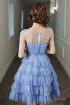 Blue Tulle Round Neckline Short Prom Dresses Cute Layered Blue Prom Dresses