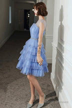 Blue Tulle Round Neckline Short Prom Dress, Cute Layered Blue Evening Party Dress