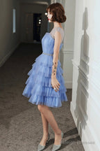 Blue Tulle Round Neckline Short Prom Dresses Cute Layered Blue Prom Dresses