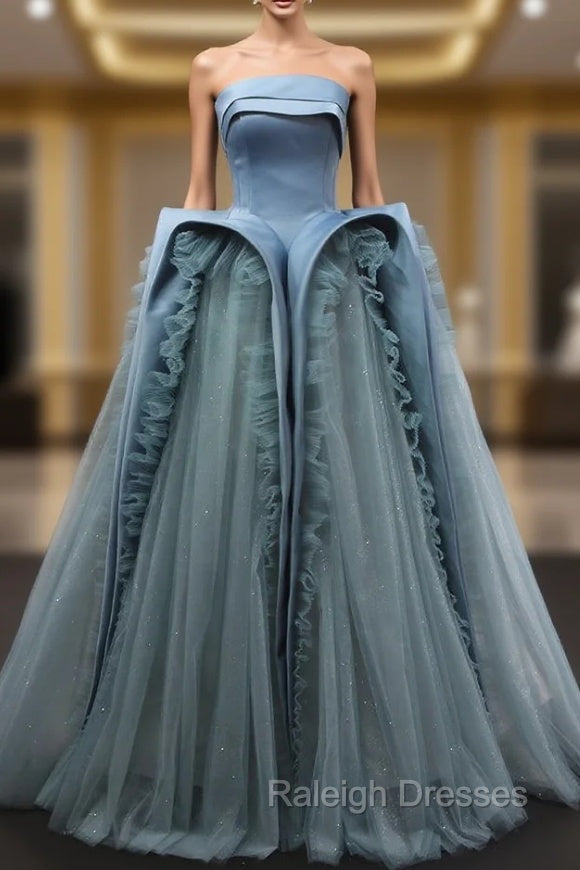 Blue Tulle Satin Strapless Prom Dress