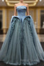 Blue Tulle Satin Strapless Prom Dress
