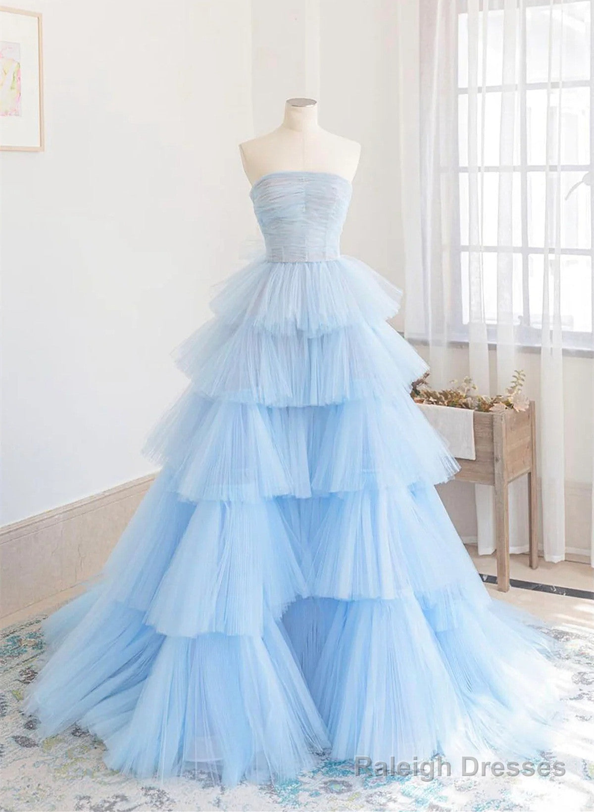 Blue Tulle Scoop Layers Long Party Dress, Blue Tulle Formal Dress Main image