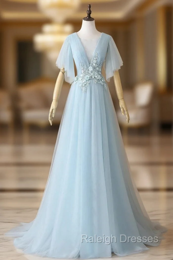 Blue Tulle See Through Neck Appliques Pleats prom Dress Main image