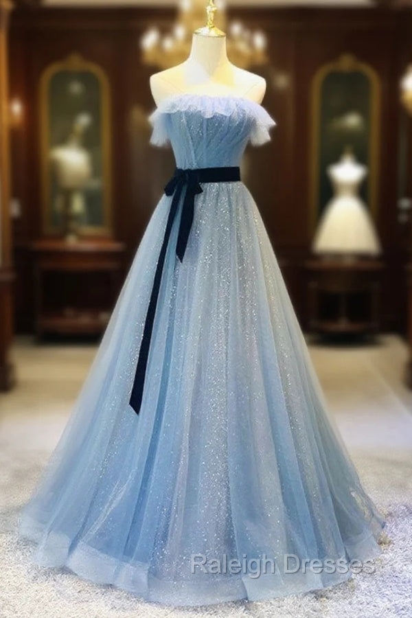 Blue Tulle Sequin Long Prom Dress A Line Tulle Blue Formal Dress Main image
