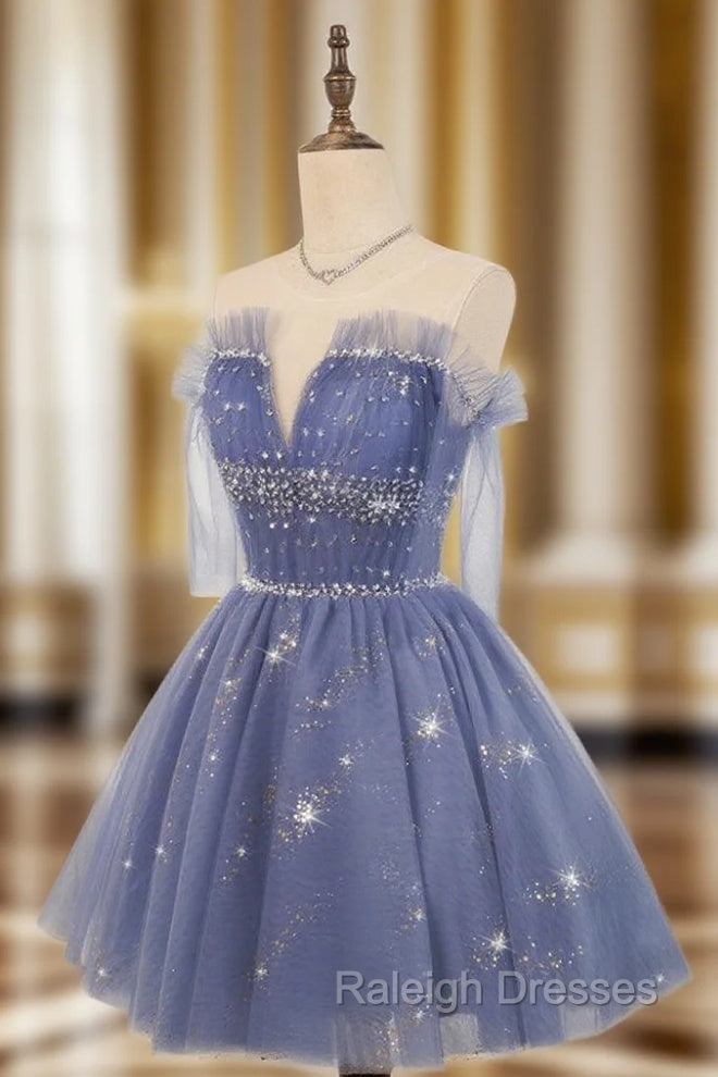 Blue Tulle Sequin Short Prom Dress, Puffy Blue Homecoming Dress Main image