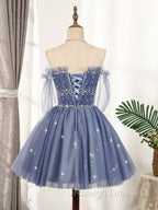 Blue Tulle Sequin Short Prom Dresses Puffy Blue Homecoming Dresses