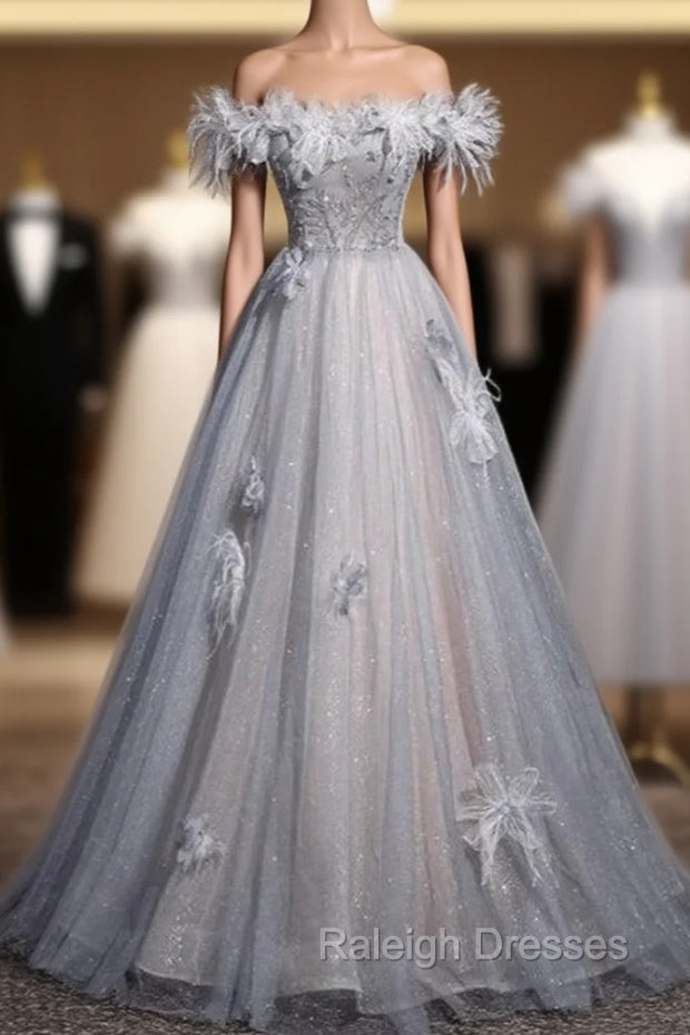 Blue Tulle Sequins Beading Flower Prom Dress