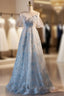 Blue Tulle Sequins Beading Prom Dress