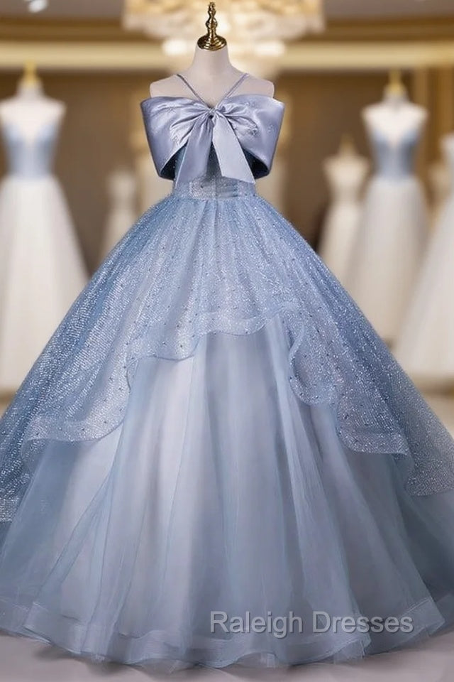 Blue Tulle Sequins Bow Quinceanera Dress