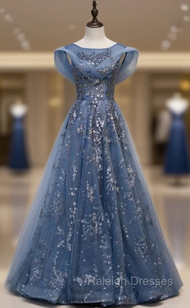 Blue Tulle Sequins Cap Sleeve Scoop Prom Dress Main image