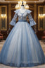 Blue Tulle Sequins Embroidery Short Sleeve Quinceanera Dress