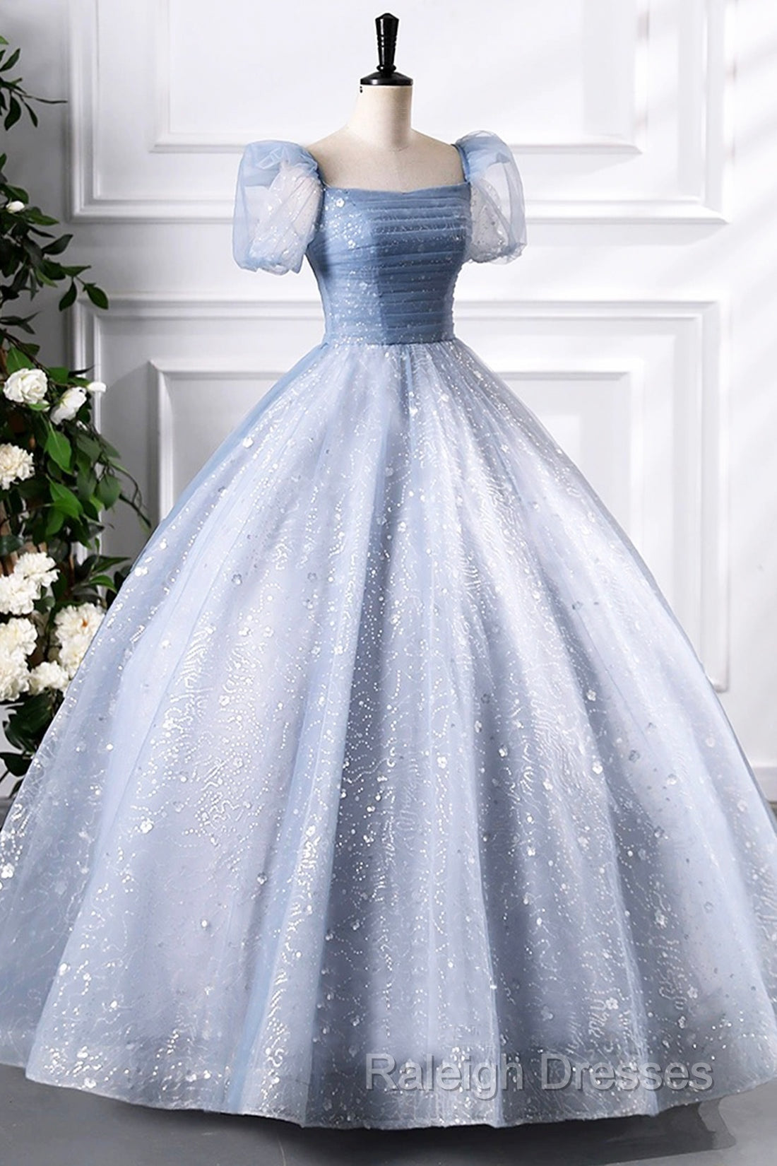 Blue Tulle Sequins Floor Length Prom Dress, Elegant Short Sleeve Evening Party Dress Secondary image