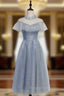 Blue Tulle Sequins High Neck Cap Sleeve Tea Length Prom Dress