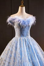 Blue Tulle Sequins Long A-Line Prom Dress with Feather, Off the Shoulder Evening Party Dress