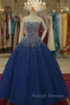 Blue Tulle Sequins Long Ball Gown Formal Dress, Sparkle Blue Quinceanera Dress