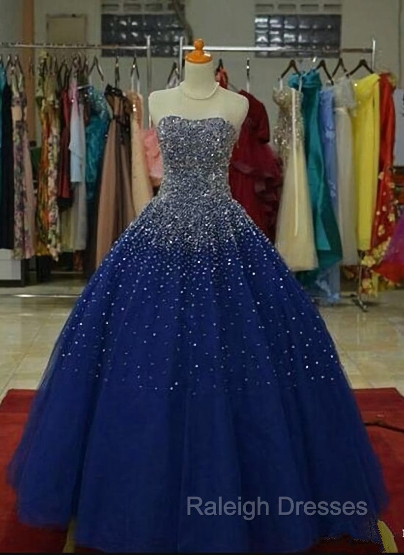 Blue Tulle Sequins Long Ball Gown Formal Dress, Sparkle Blue Quinceanera Dress Main image