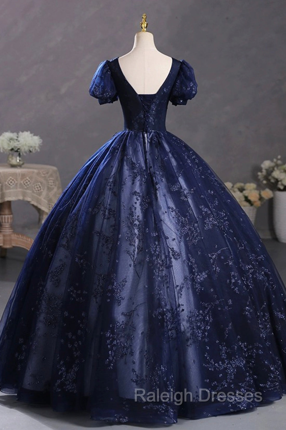 Blue Tulle Sequins Long Formal Dress, A Line Short Sleeve Prom Prom Dress