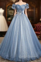 Blue Tulle Sequins Long Prom Dress, Beautiful A-Line Evening Party Dress