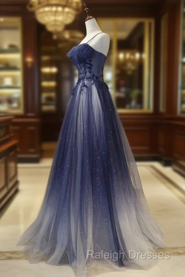Blue tulle sequins long prom dress blue evening dress Main image