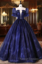Blue Tulle Sequins Long Prom Dress Blue Evening Gown
