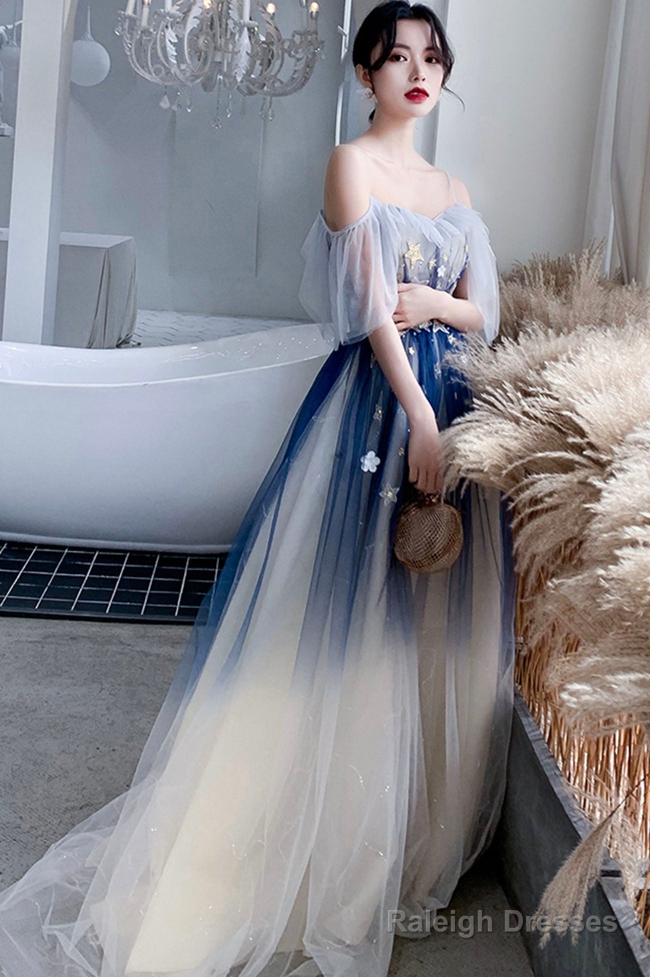 Blue Tulle Sequins Long Prom Dresses, A-Line Off The Shoulder Party Dresses