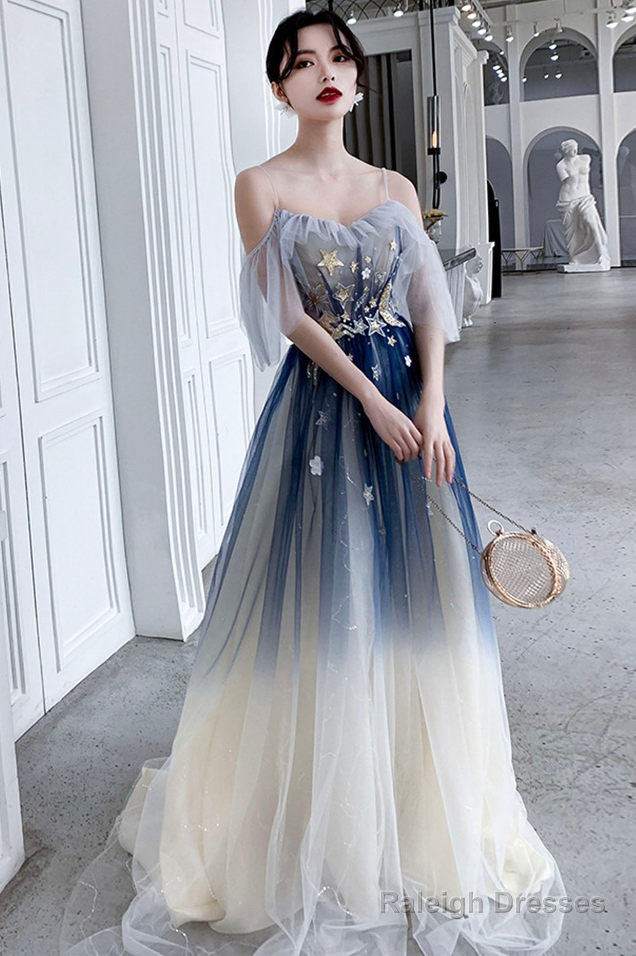Blue Tulle Sequins Long Prom Dresses, A-Line Off The Shoulder Party Dresses