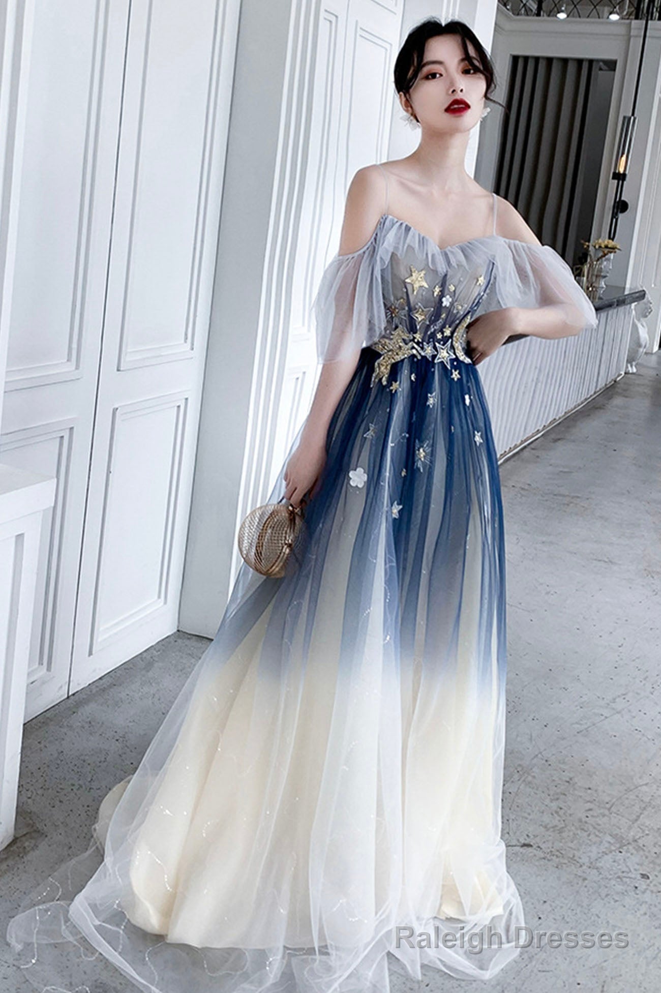 Blue Tulle Sequins Long Prom Dresses, A-Line Off The Shoulder Party Dresses Main image