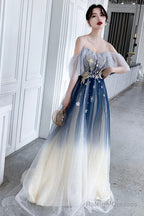 Blue Tulle Sequins Long Prom Dresses, A-Line Off The Shoulder Party Dresses