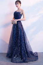 Blue Tulle Sequins Long Prom Dresses, A-Line Strapless Evening Dresses