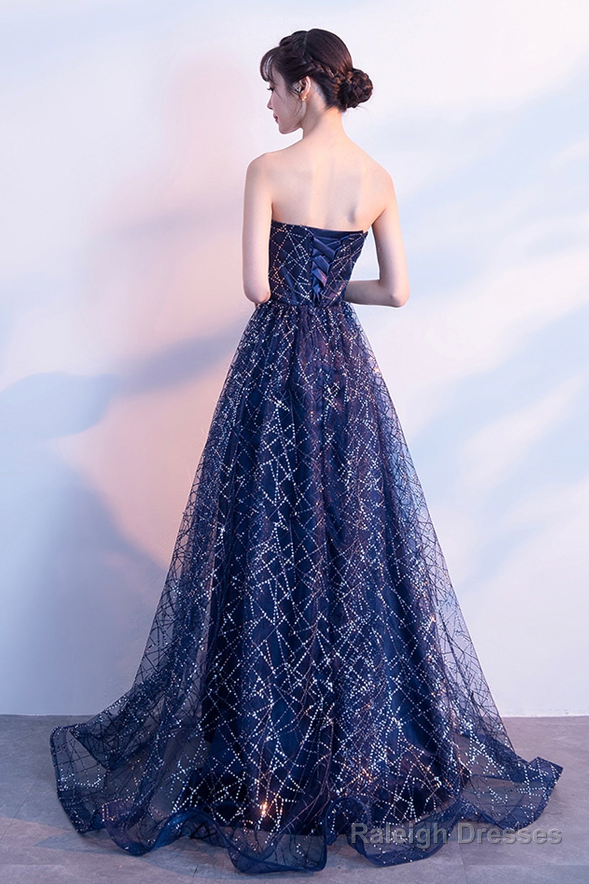 Blue Tulle Sequins Long Prom Dresses, A-Line Strapless Evening Dresses