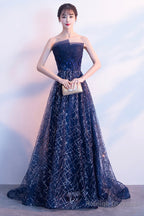 Blue Tulle Sequins Long Prom Dresses, A-Line Strapless Evening Dresses