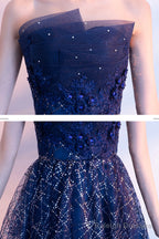 Blue Tulle Sequins Long Prom Dresses, A-Line Strapless Evening Dresses