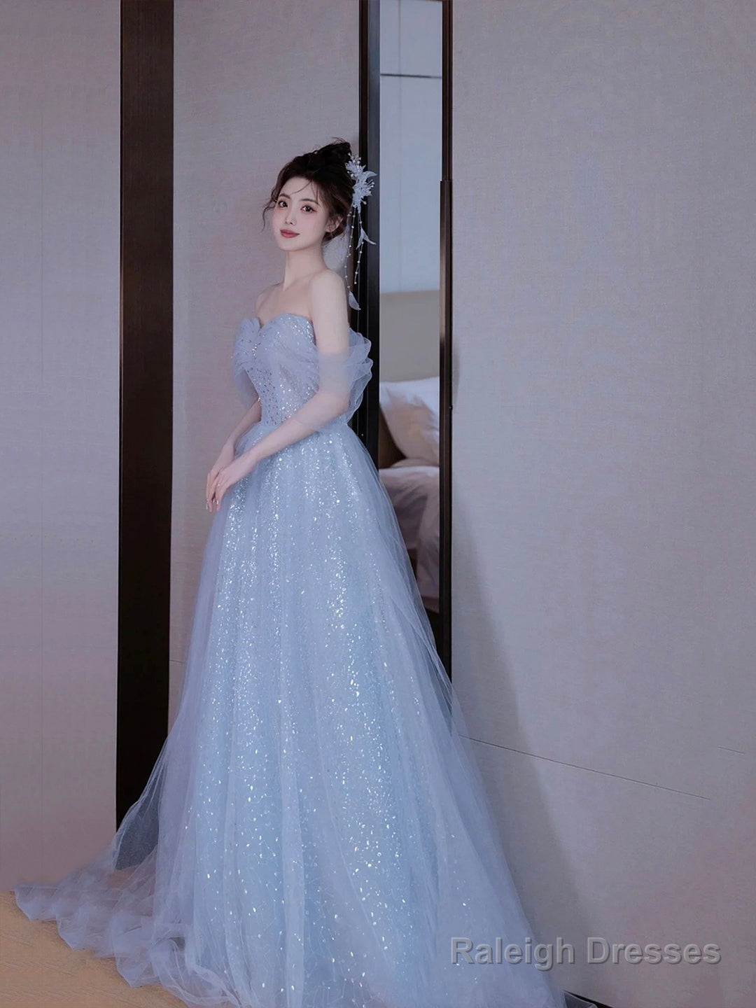 Blue Tulle Sequins Long Prom Dresses, Beautiful Off Shoulder Blue Evening Dresses Secondary image