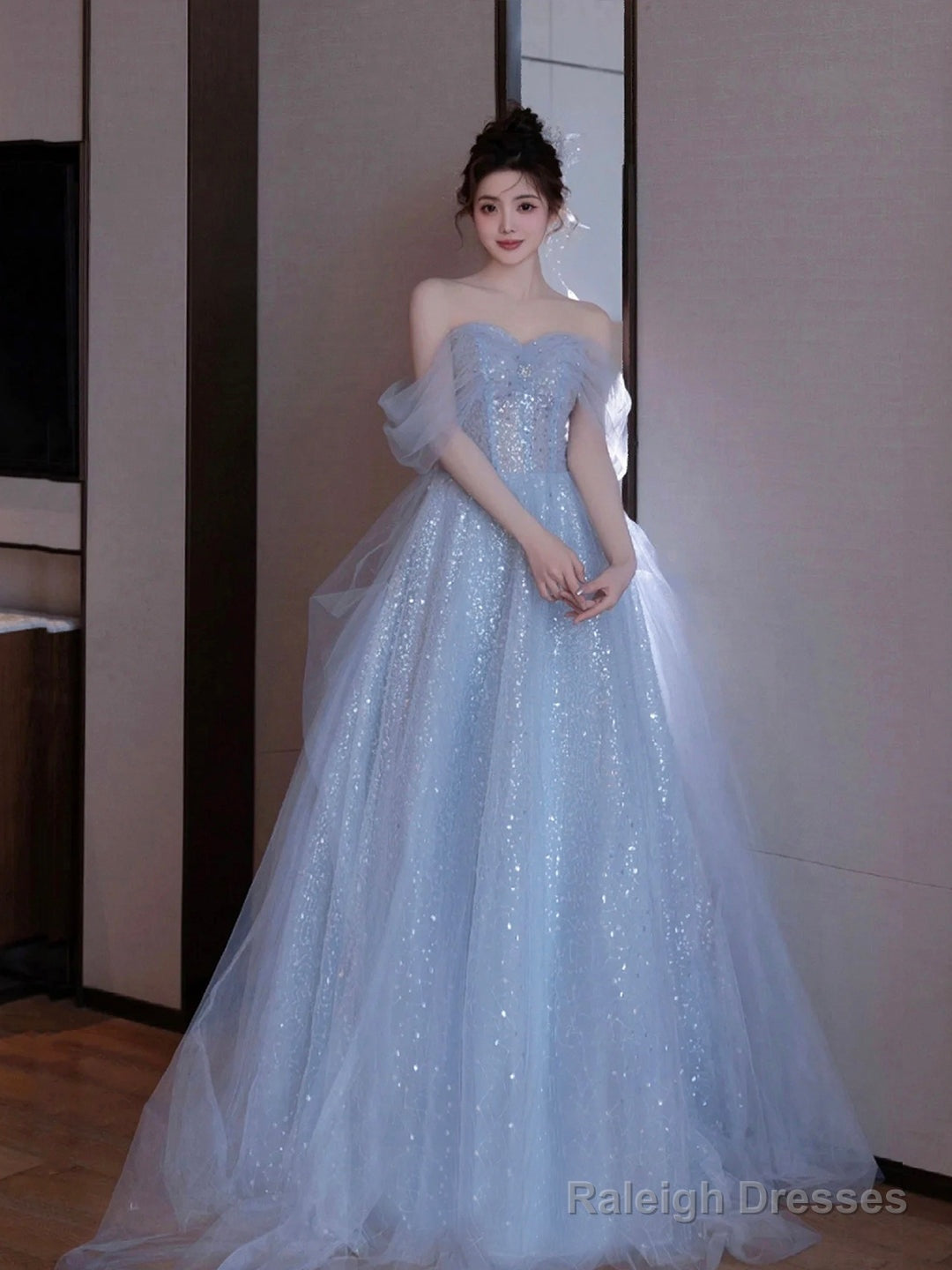 Blue Tulle Sequins Long Prom Dresses, Beautiful Off Shoulder Blue Evening Dresses Main image