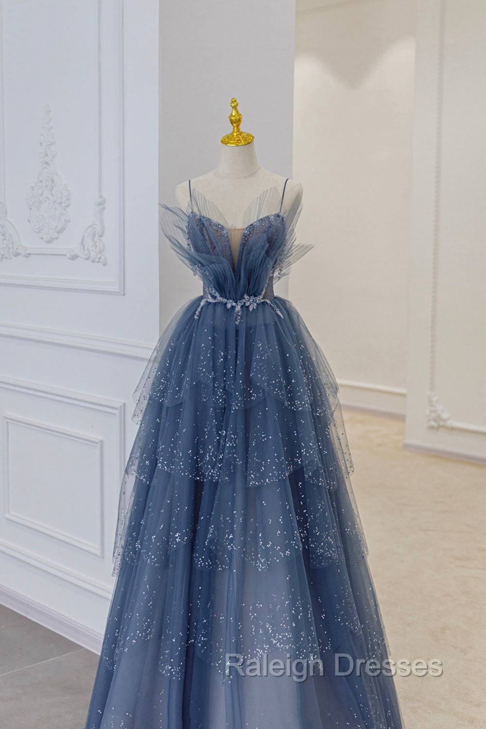 Blue Tulle Sequins Long Prom Gowns, Blue Spaghetti Straps Formal Prom Dress Secondary image
