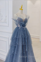 Blue Tulle Sequins Long Prom Gowns, Blue Spaghetti Straps Formal Prom Dress