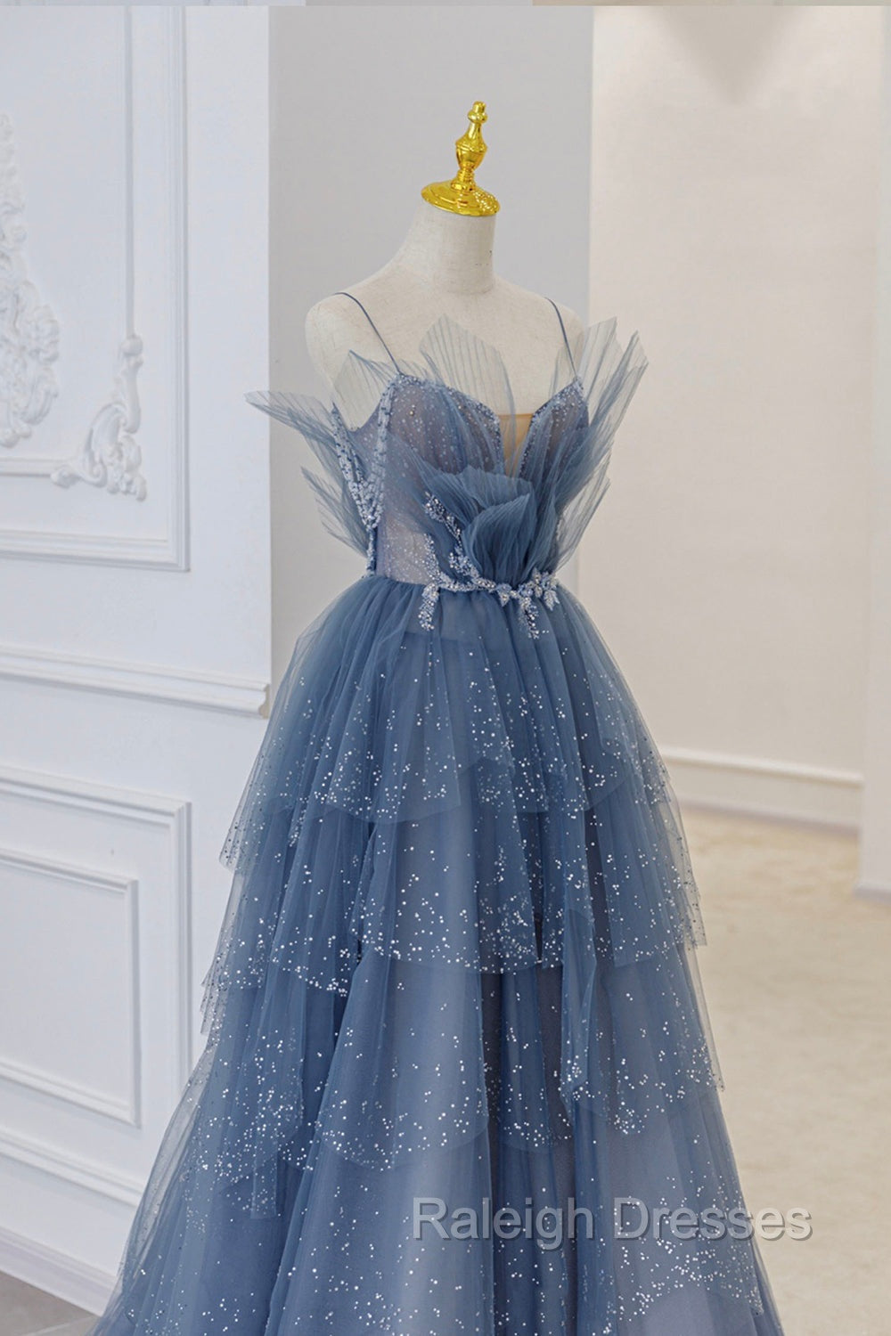 Blue Tulle Sequins Long Prom Gowns, Blue Spaghetti Straps Formal Prom Dress