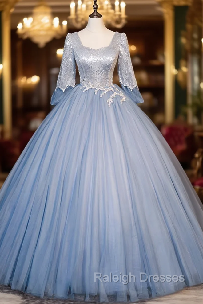 Blue Tulle Sequins Long Sleeve Quinceanera Dress Main image