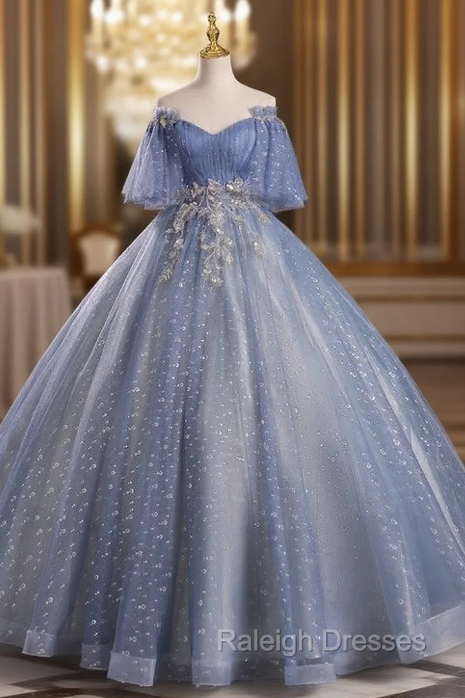 Blue Tulle Sequins Off the Shoulder Beading Quinceanera Dress Main image