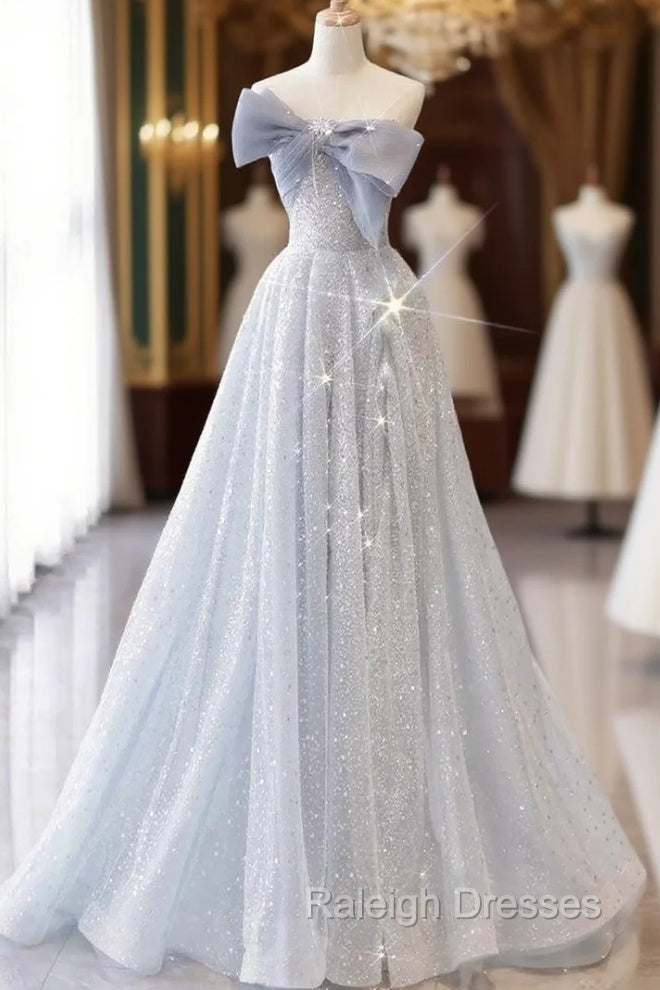 Blue Tulle Sequins Off the Shoulder Bow Prom Dress